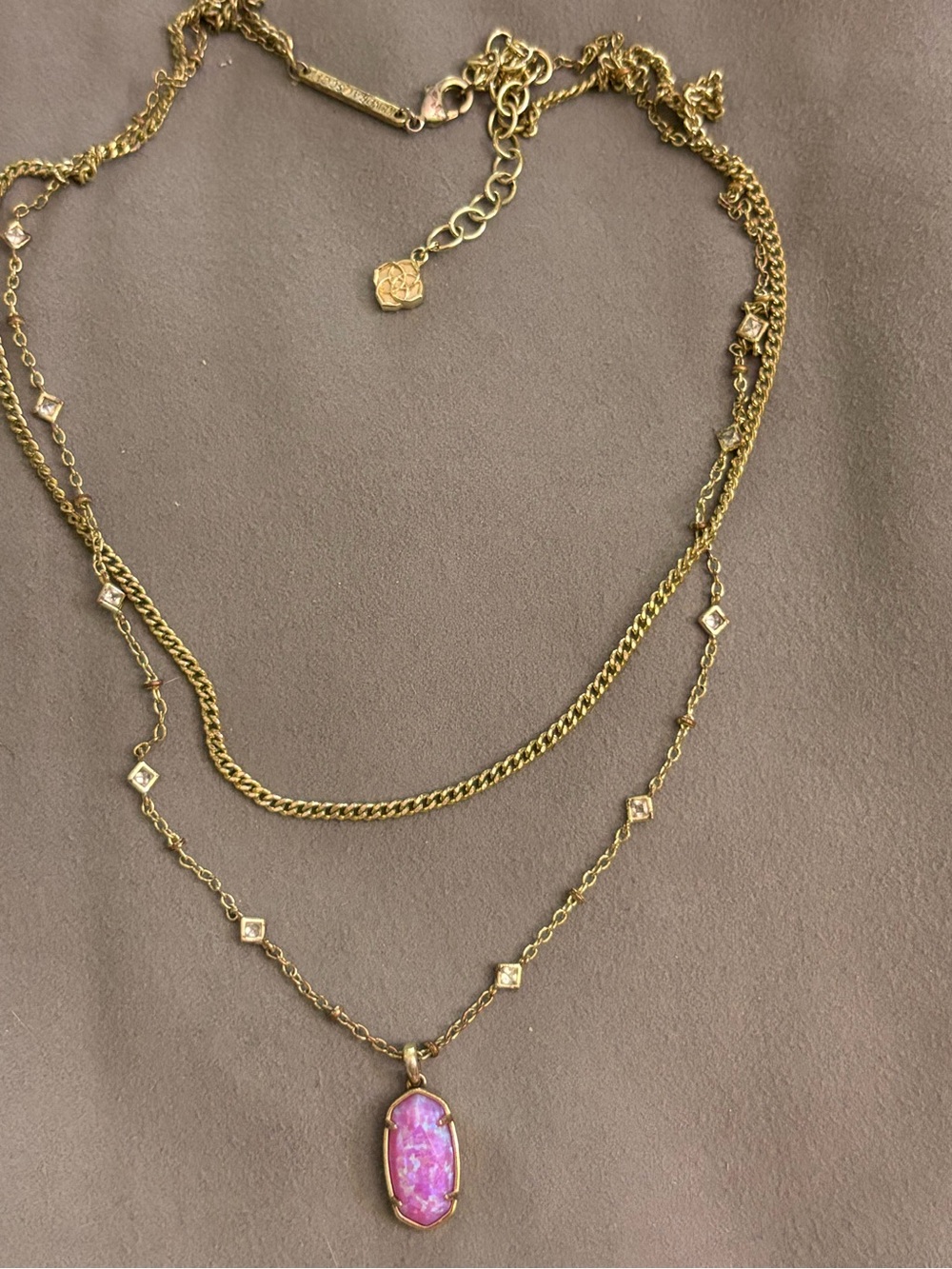 Rare Kendra Scott Gold-Tone Layered Necklace with Pink Opal Pendant